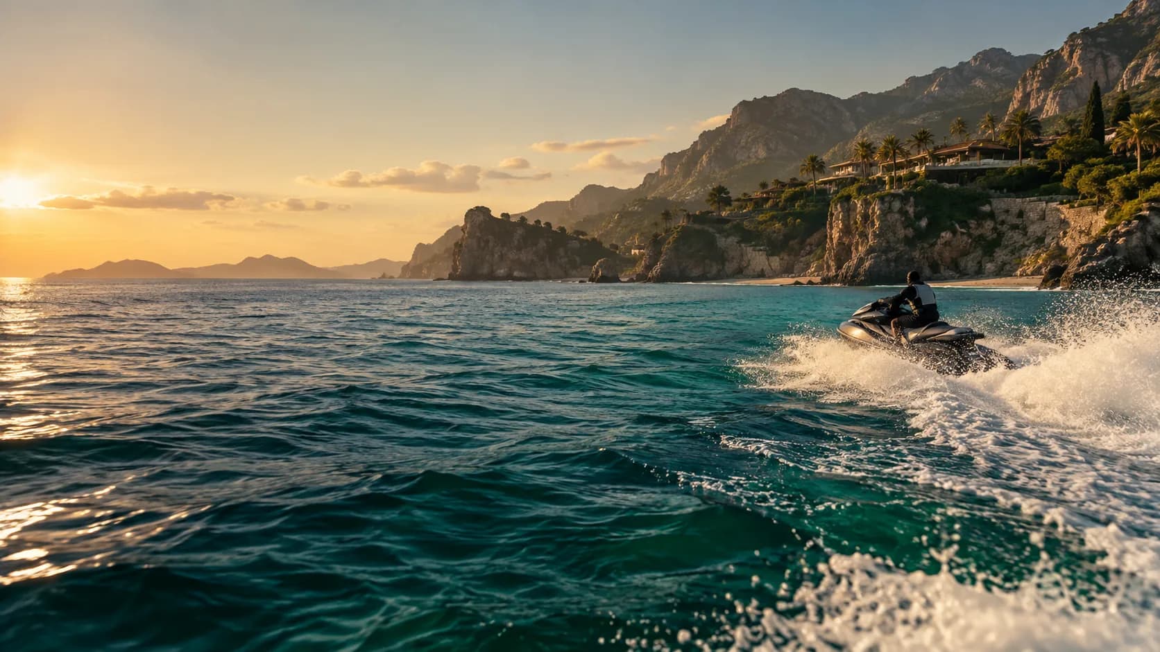 A jet ski crossing clear coastal water at golden hour