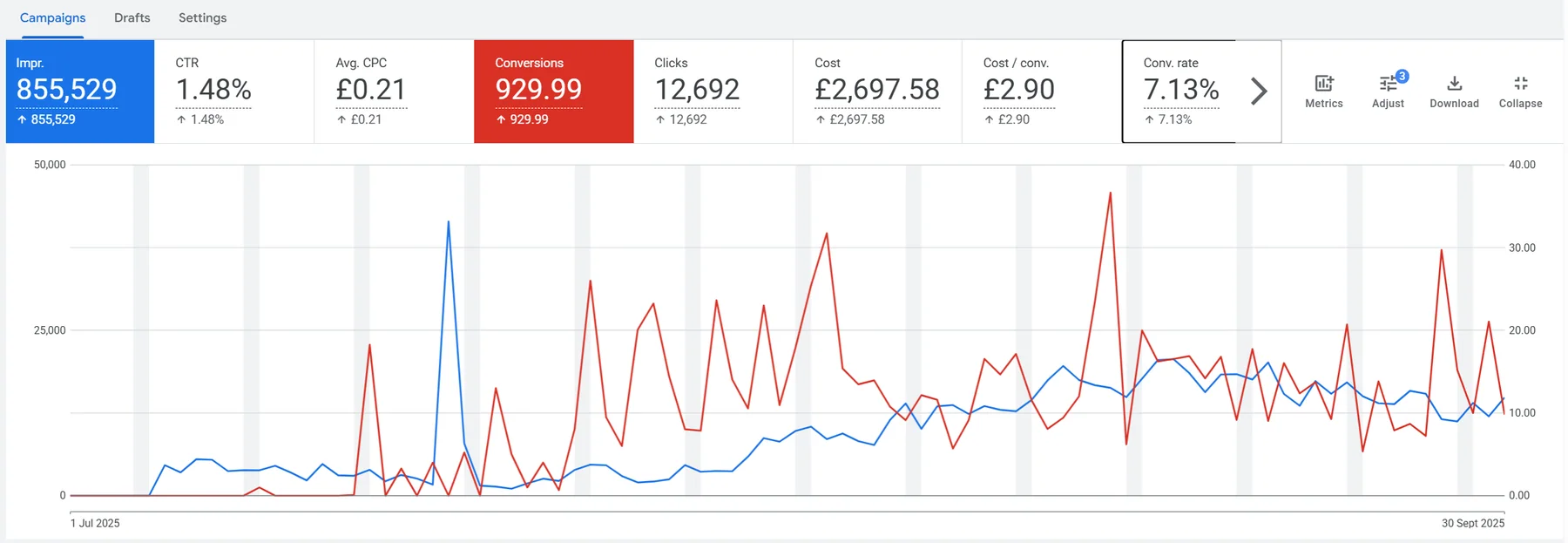 Anonymised Google Ads campaign dashboard with spend, conversions and conversion rate